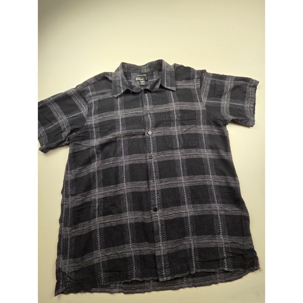 Marc Edwards Mens Shirt XL Black Gray Plaid Washable Linen Casual Button Up